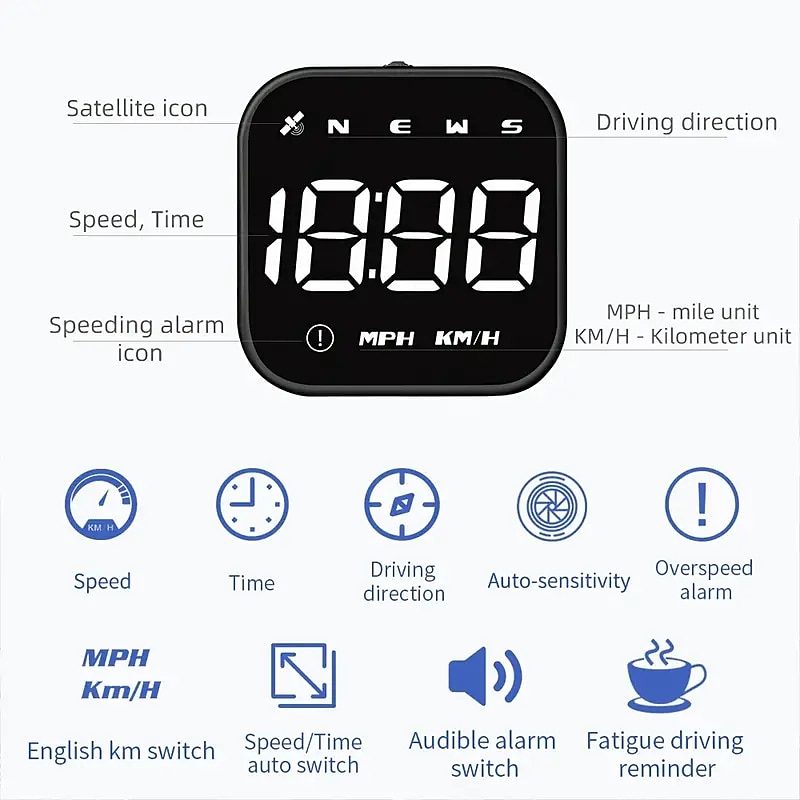 Digital GPS Speedometer Car HUD Heads Up Display with Digital Speed in MPH KPH Compass Driving Direction Fatigue Driving Reminder Overspeed Alarm Trip Meter4