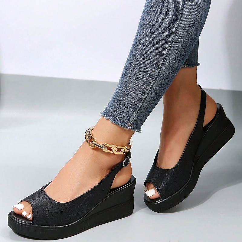 Women's Black Slingback Open-Toe Sandals – Comfortable Platform Design for Casual Summer Wear2
