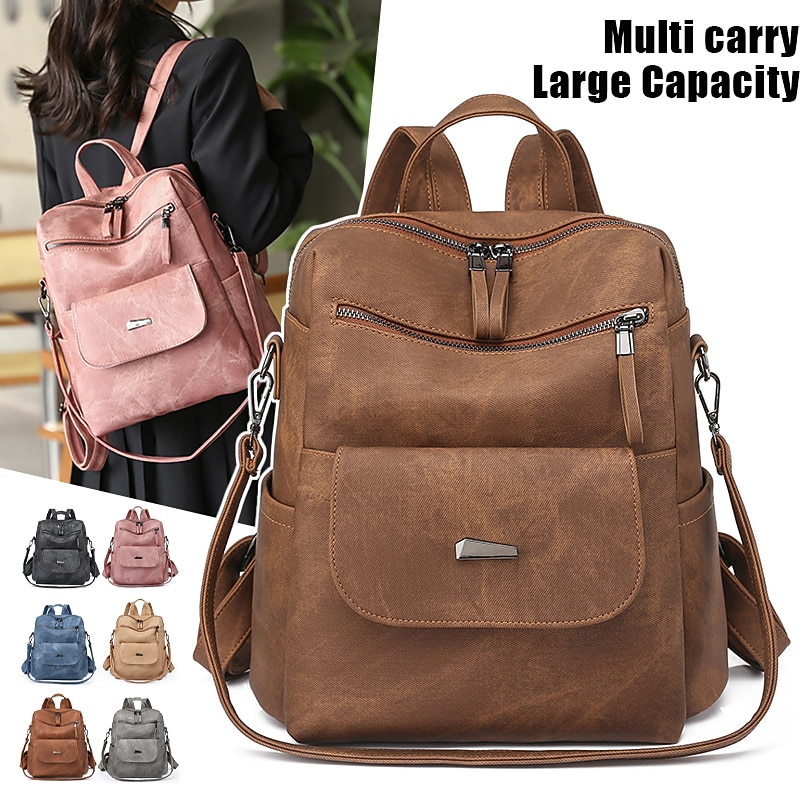 Women's Backpack School Bag Bookbag Commuter Backpack School Daily Solid Color PU Leather Large Capacity Waterproof Durable Zipper caramel colour Black Pink