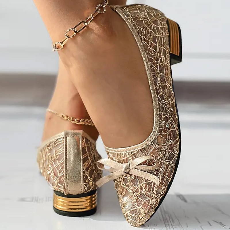 Women's Flats Plus Size Sparkly Sandals Comfort Shoes Outdoor Daily Solid Color Summer Bowknot Lace Chunky Heel Pointed Toe Elegant Casual PU Loafer Silver Gold