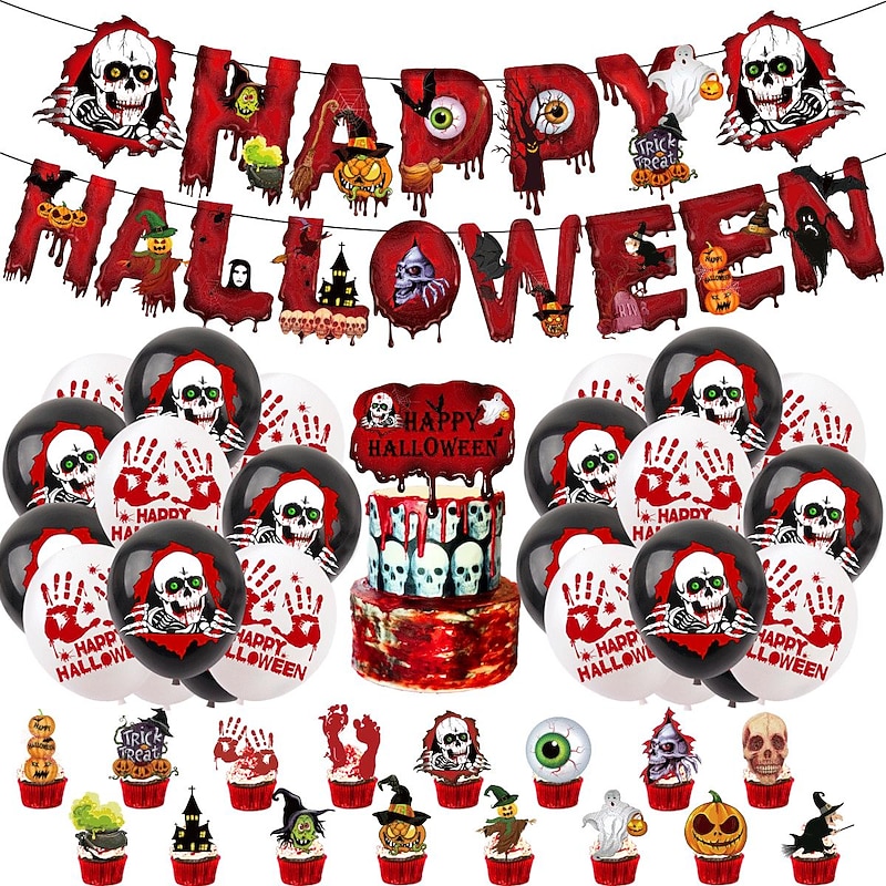 Halloween Decoration, Halloween Holiday Party Decoration Home Supplies Skull Bloody Balloon Cake Insert Flag Decoration Halloween Skeleton Decoration