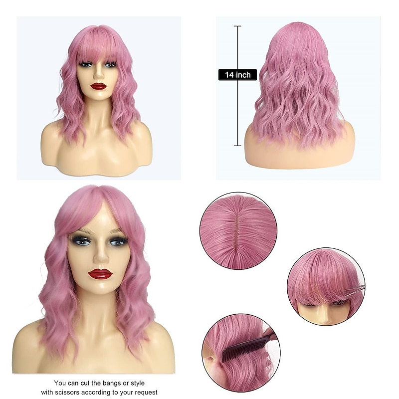 Pink Wig with Air Bangs12 Inches Short Pastel Curly Wavy Heat Resistant Synthetic Women's Bob WigCosplay Party Shoulder Length Wigs for Girls Daily Use Natural Looking Curly Colored Wig Halloween Wigs3