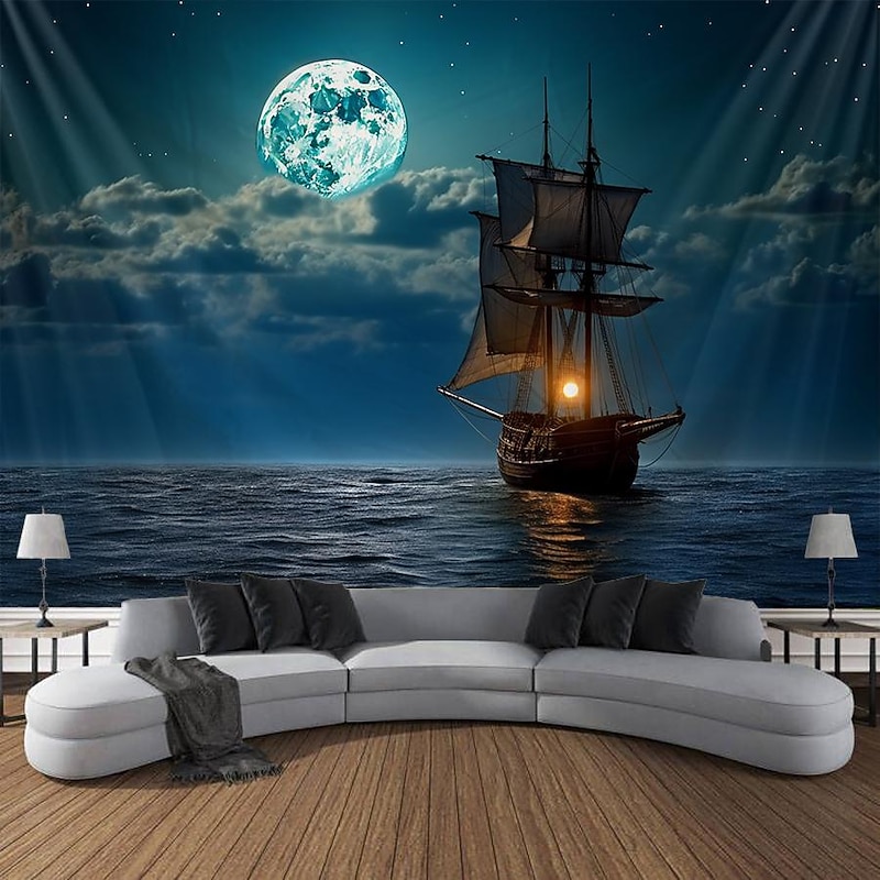 Sea Boat Hanging Tapestry Wall Art Large Tapestry Mural Decor Photograph Backdrop Blanket Curtain Home Bedroom Living Room Decoration