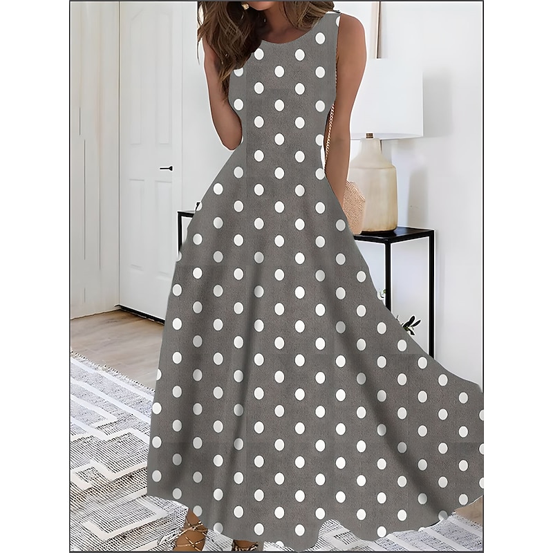 Women's Print Vintage Dress Long Dress Maxi Dress Elegant Polka Dot Crew Neck Sleeveless Daily Date Summer Spring Blue Dark Green3