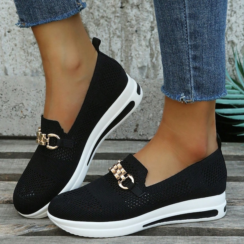 Women's Breathable Knit Slip-On Sneakers - Comfortable Casual Walking Shoes with Chain Detail4