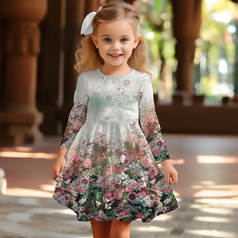 Easter Girls' 3D Floral Graphic Dress Long Sleeve 3D Print Summer Spring Fall Vacation Sports & Outdoor Daily Cute Casual Beautiful Kids 3-12 Years Casual Dress A Line Dress Above Knee Regular Fit3