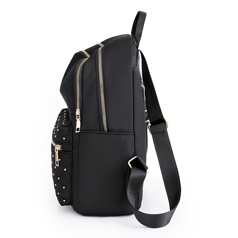 Women's Black Quilted Nylon Backpack with Gold Zippers and Studded Front Pocket – Stylish Lightweight Bag for School, Work, or Daily Use2