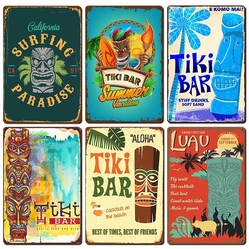 1pc Tiki Bar Metal Tin Sign Summer Beach Tin Sign Vintage Beach Signs Wall Decor Painting Wall Hanging For Bar Decor Home Decor Wall Art Metal Tin Sign 20x30cm/8''x12''