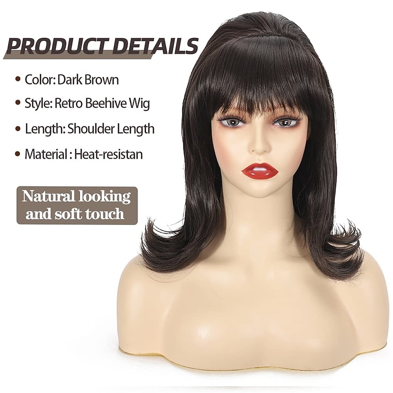 Daiaces Beehive Wig Retro Dark Brown 60s 70s Wig with Bangs Curly Synthetic Vintage Drag Queen Wigs Halloween Wigs2