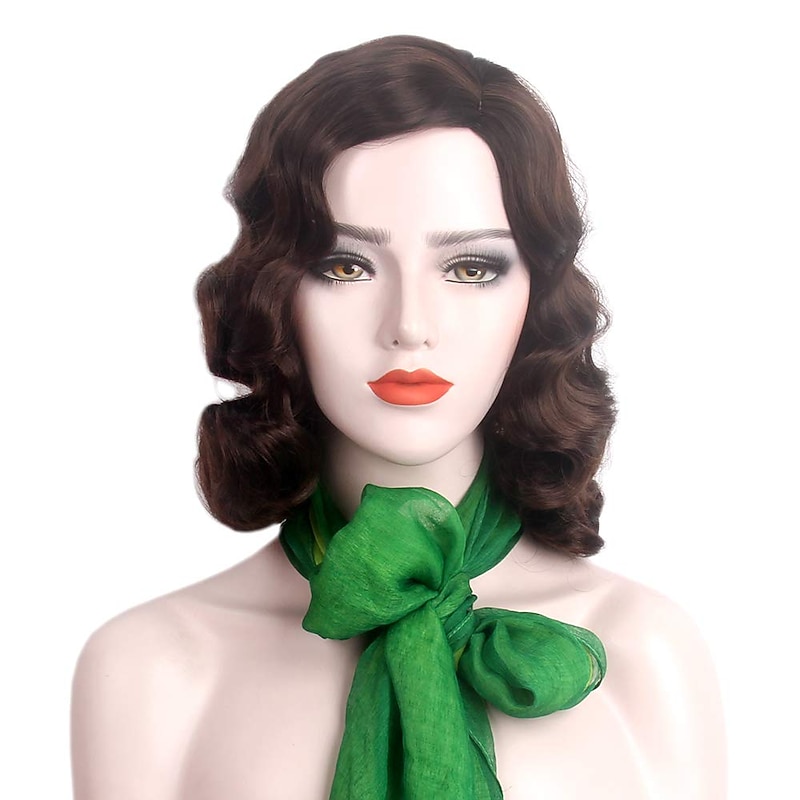 Brown 1920s Wig for Women Middle Long Flapper Wig Finger Wave Party Wig Synthetic Full Vintage Wigs for Womens Lady Cosplay Costume Fancy Dress 20s Wigs Halloween Wigs2