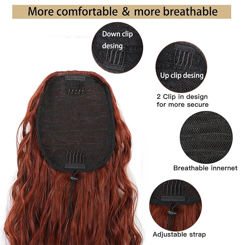 Long Auburn Red Drawstring Ponytail Extension for Women 24 Inch Synthetic Long Curly Wavy Clip in Ponytail Hair Extensions for Daily Party Use4