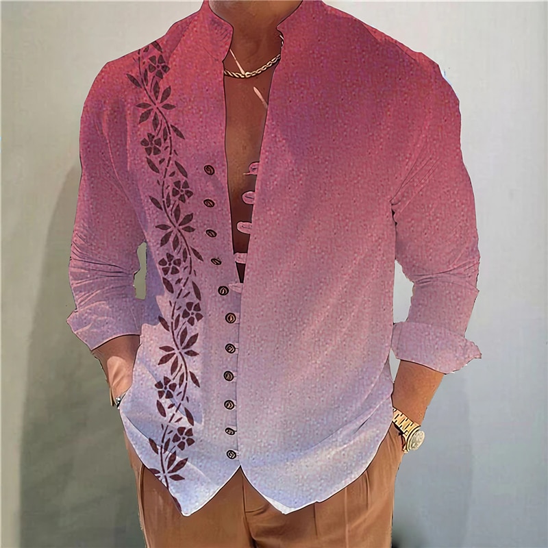 Men's Gradient Leaves Shirt Button Up Shirt Long Sleeve Fashion Streetwear Designer Outdoor Casual Daily Summer Spring Fall Stand Collar Print Blue-Green Yellow Pink Blue Purple2