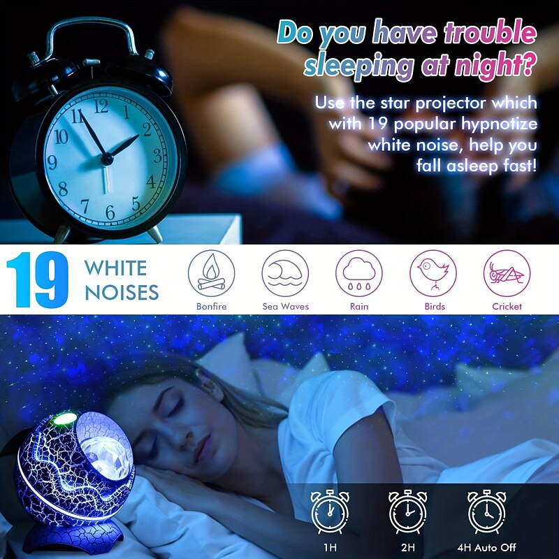 Star Projector Night Light Dinosaur Egg Projector Sky Galaxy Projector Ocean Wave Projector Light with Sleep White Noise Bluetooth Music Speaker Starlight Projector for Ceiling Decor Adult Kids Room Theater Party 16