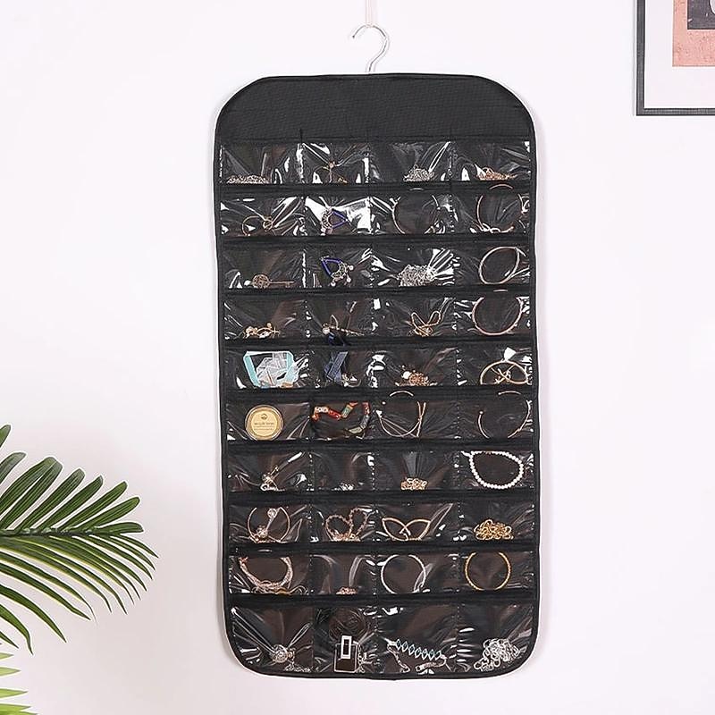 Hanging Jewelry Organizer Storage With Pocket Double Sided 80Grids Necklace Bracelet Earring Jewelry Display Organizer4