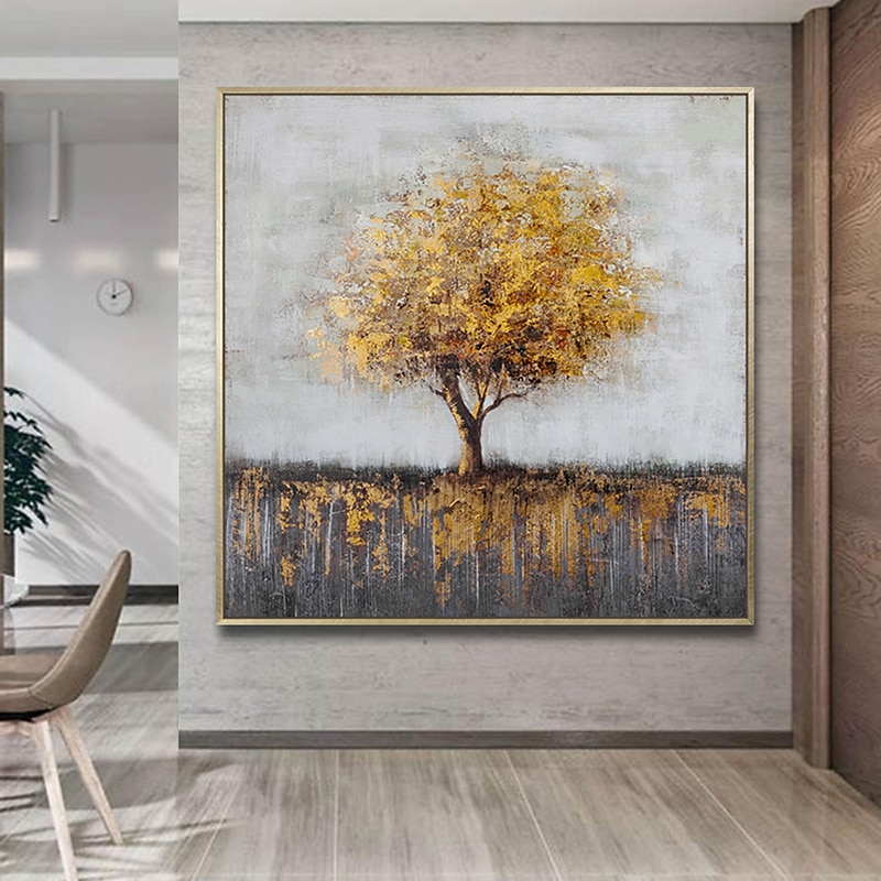 Handmade Oil Painting Canvas Wall Art Decoration Modern Abstract Golden Tree Landscape for Home Decor Rolled Frameless Unstretched Painting