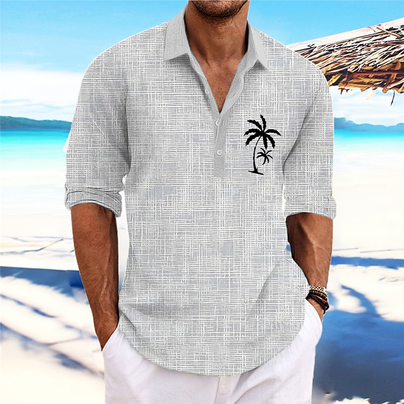 Men's Coconut Tree Tropical Plants Shirt Summer Hawaiian Shirt Aloha Shirt Long Sleeve Shirt Stand Collar Fashion Streetwear Designer Outdoor Street Casual Pink Blue Green S M L2