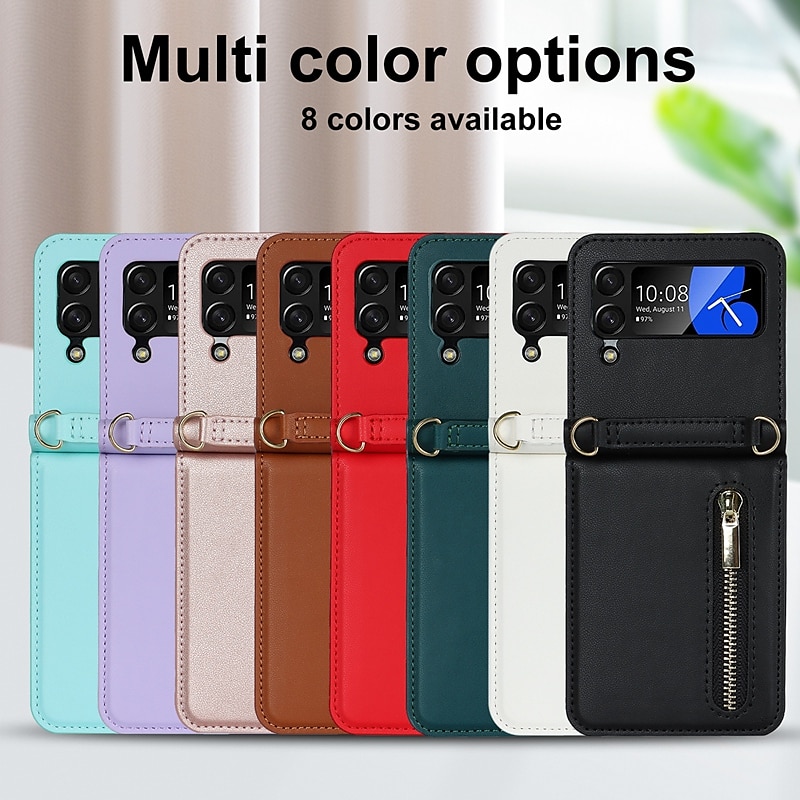 Phone Case For Samsung Galaxy Z Flip 7 Z Flip 6 Z Flip 5 Z Flip 4 Z Flip 3 Handbag Purse Wallet Case Zipper with Removable Cross Body Strap With Card Holder Solid Color PC PU Leather2