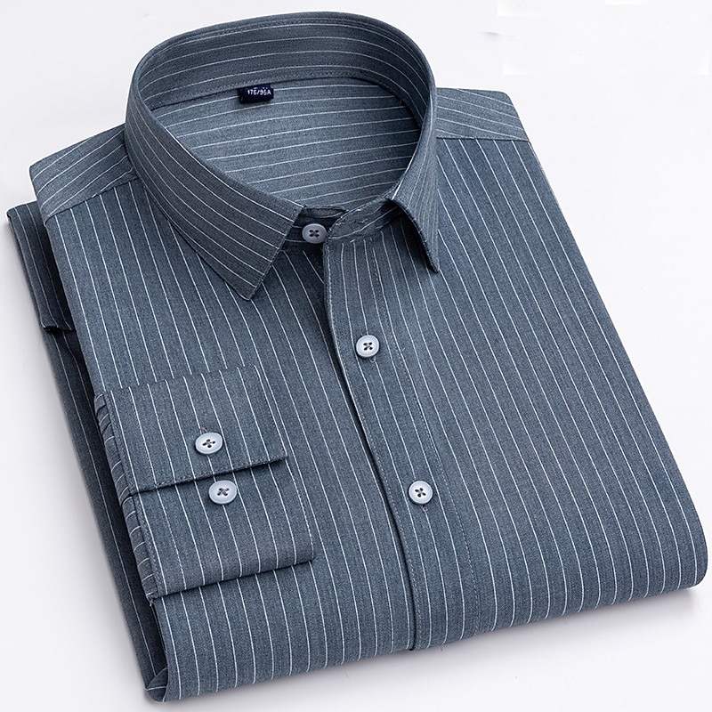 Men's Dress Shirt Non Iron Shirt Striped Shirt Stripes and Plaid Wedding Office & Career Black White khaki Light Grey Long Sleeve Turndown All Seasons Clothing Apparel