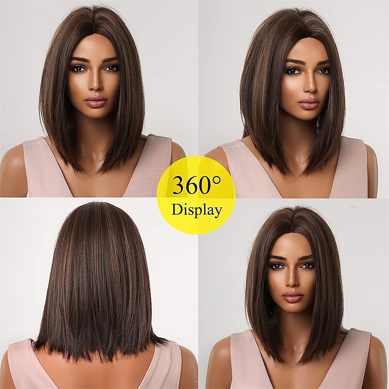 Brown Bob Wigs for Women Blonde Highlights Short Straight Synthetic Hair Middle Part Wig3