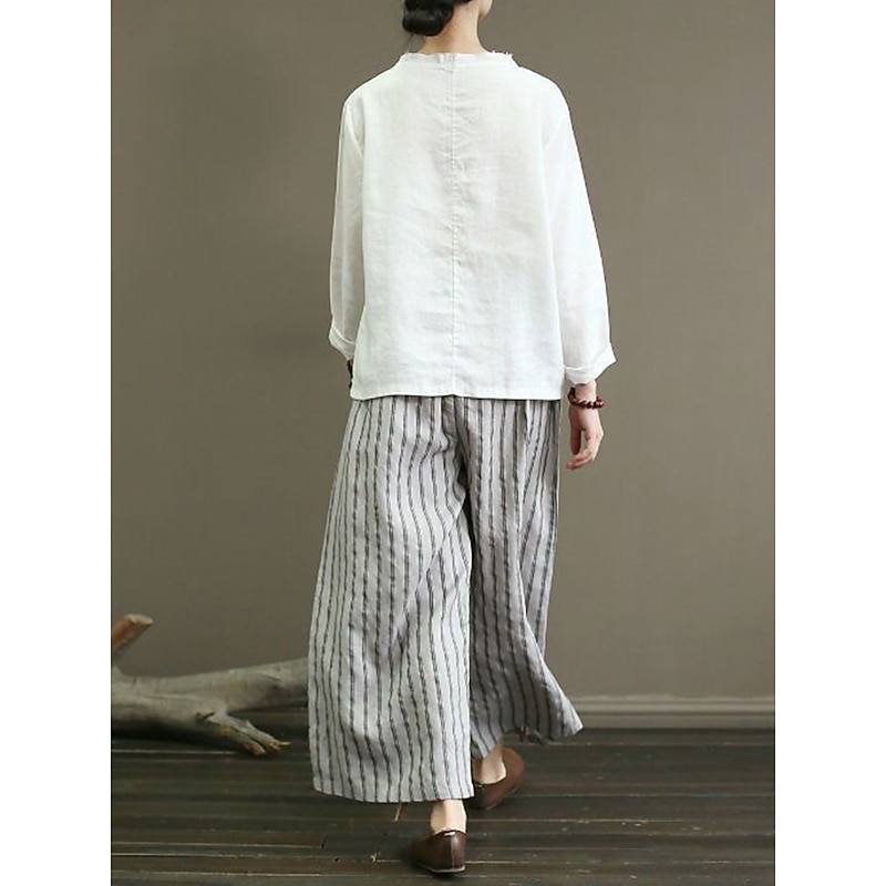 Women's Wide Leg Chinos Pants Trousers Vintage Fashion Lightweight Full Length Mid Waist Striped Pocket Elastic Waist Baggy Breathability Comfortable Micro-elastic Vacation Casual Daily Black White4