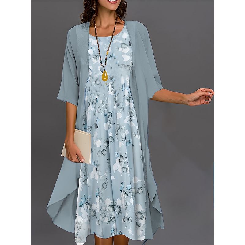 Women's Graduation Dress Midi Dress Two Piece Dress Set Casual Dress Print Dress Elegant Fashion Ombre Floral Print 3/4 Length Sleeve Crew Neck Outdoor Daily Pink Dark Pink Blue Summer Spring2