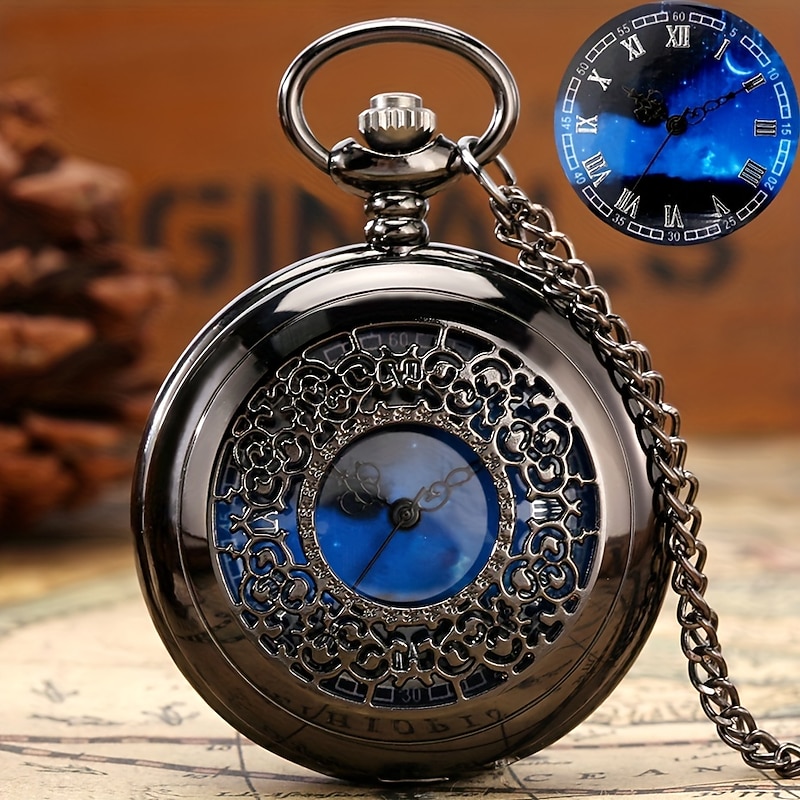 Starry Blue Dial Pocket Watch Roman Numerals Pendant Bronze Hollow Case  Quartz Pocket Watch Steampunk Vintage Necklace Hanging Watches Souvenir Gifts for Men Women