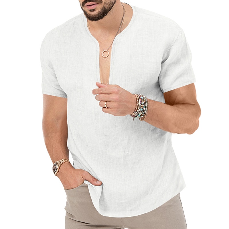 Men's Summer Shirt Casual Shirt Beach Shirt Plain Hawaiian Holiday Black White Blue Khaki Short Sleeve V Neck Spring & Summer Clothing Apparel Basic3