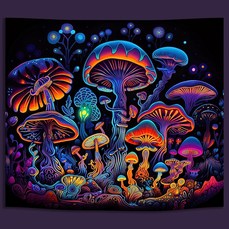 Blacklight Tapestry UV Reactive Glow in the Dark Glow Party Neon Mushrooms Psychedelic Trippy Misty Hanging Tapestry Wall Art Mural for Living Room Bedroom