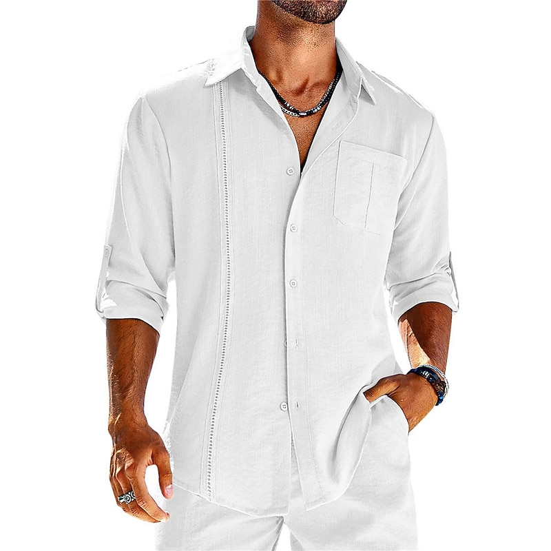 Men's Shirt Guayabera Shirt Linen Shirt Button Up Shirt Summer Shirt Beach Shirt Black White Navy Blue Long Sleeve Plain Turndown Spring & Summer Casual Daily Clothing Apparel Patchwork3
