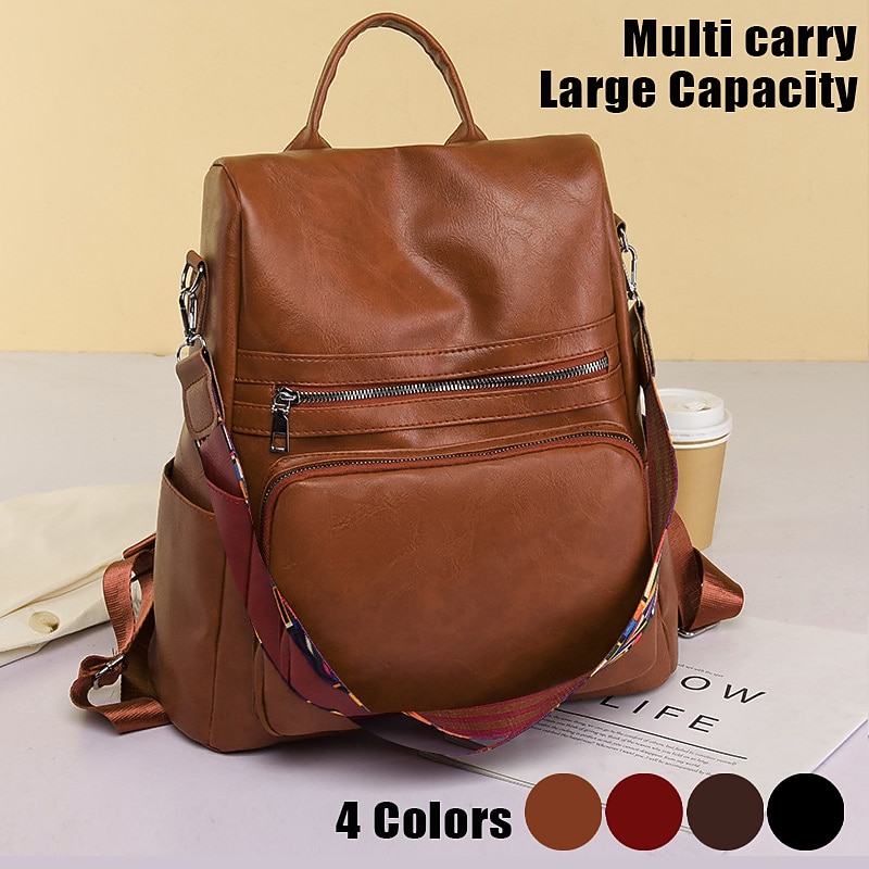 Women's Backpack School Bag Bookbag Commuter Backpack School Daily Solid Color PU Leather Large Capacity Waterproof Lightweight Zipper Coffee color Black Red