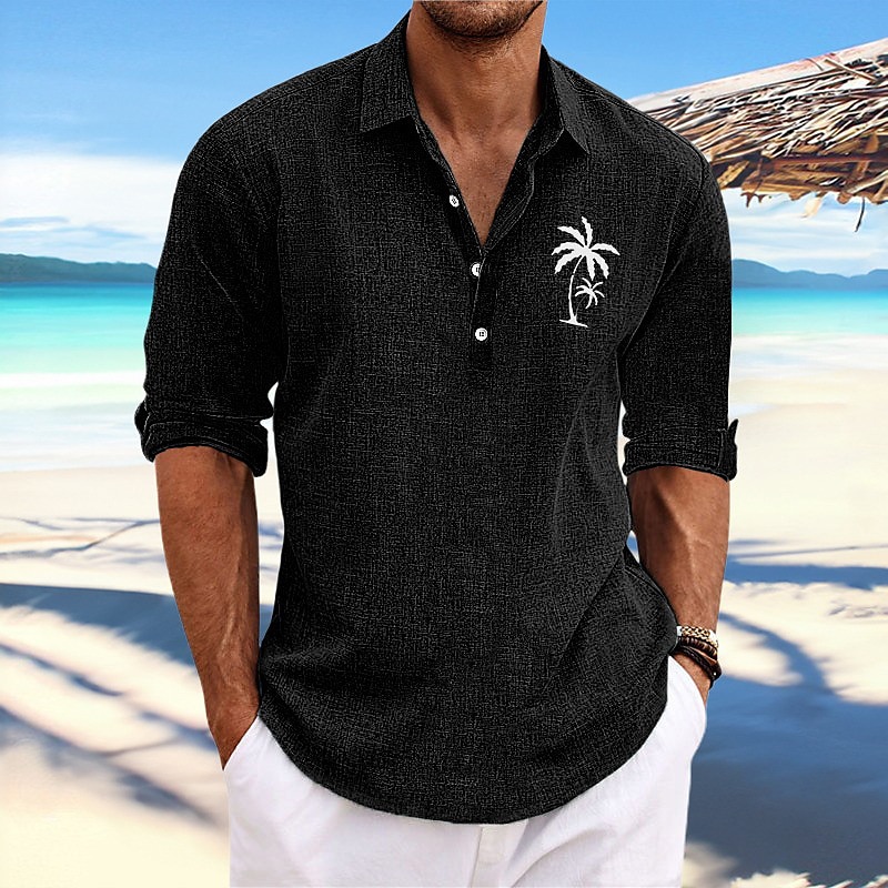 Men's Coconut Tree Tropical Plants Shirt Summer Hawaiian Shirt Aloha Shirt Long Sleeve Shirt Stand Collar Fashion Streetwear Designer Outdoor Street Casual Black Blue Khaki S M L4