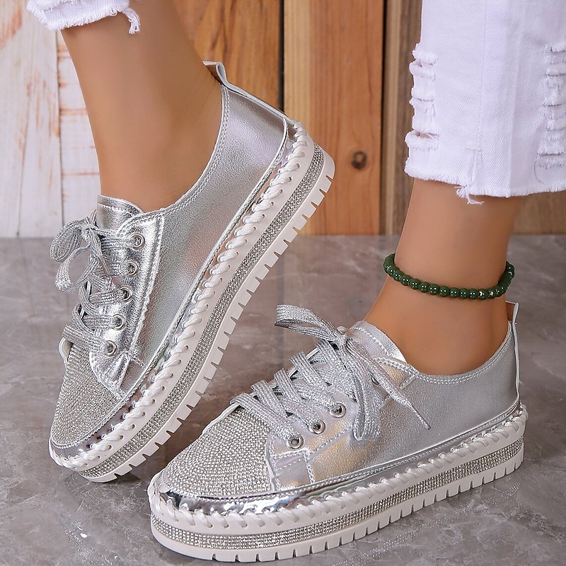 Women's Sneakers Flats Bling Bling Shoes Plus Size Platform Sneakers Party Outdoor Daily Solid Color Summer Rhinestone Flat Heel Round Toe Fashion Casual Minimalism PU Lace-up White Silver 11