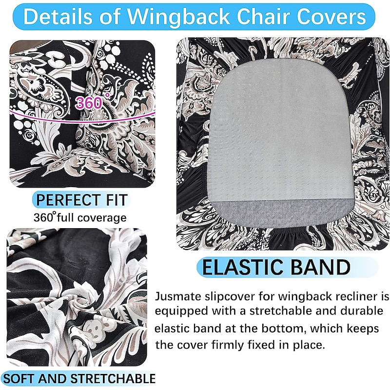 Wing Chair Slipcovers Spandex Stretch Sofa Covers Wingback Armchair Covers with Seat Pad Cushion Cover Arms Printing Pattern Fabric Furniture Protector for Living Room Wingback Chair #88354654