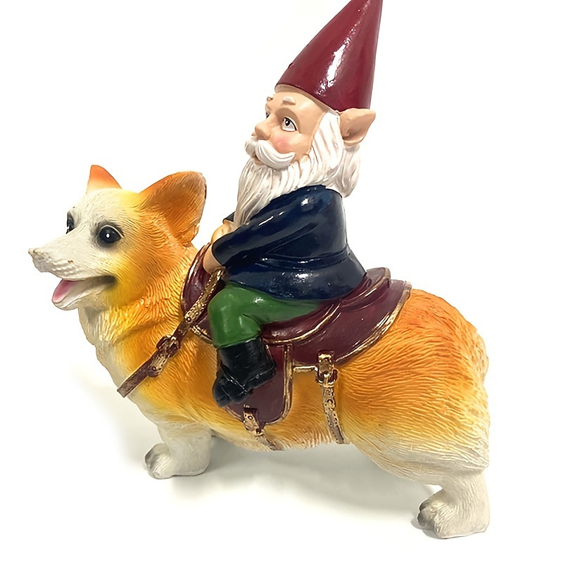 Funny Guy Garden Gnome Statue - Gnome Riding a Corgi - Indoor/Outdoor Garden Gnome Sculpture for Patio, Yard or Lawn4