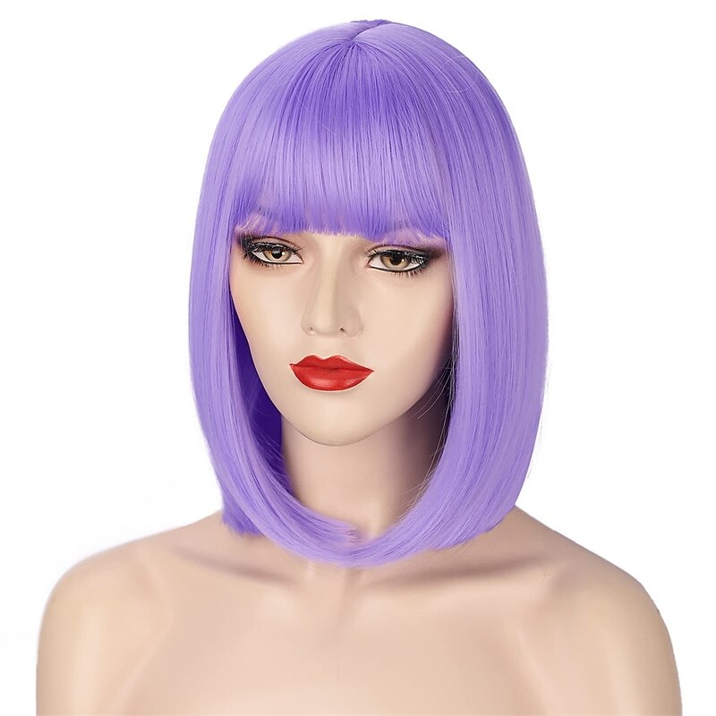 Purple Wig with Bangs Short Straight Bob Wigs for Women 12 Inch Synthetic Colorful Cosplay Party Wig Halloween Wigs3