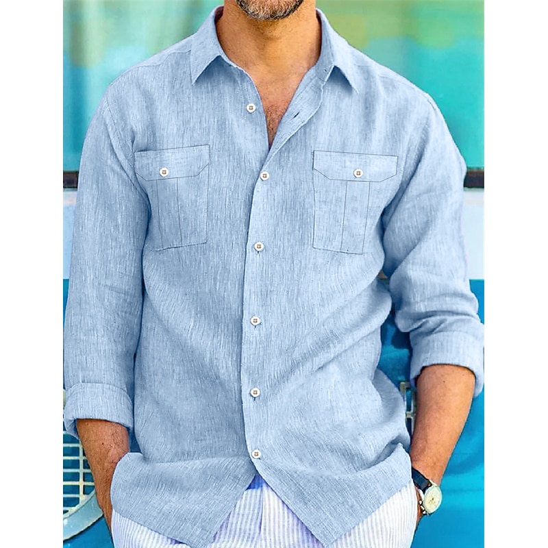 Men's Shirt Linen Shirt Cotton Linen Shirt Summer Shirt Beach Shirt Button Up Shirt Plain Casual Daily Black White Blue Khaki Long Sleeve Turndown Spring & Summer Clothing Apparel Multi Pocket