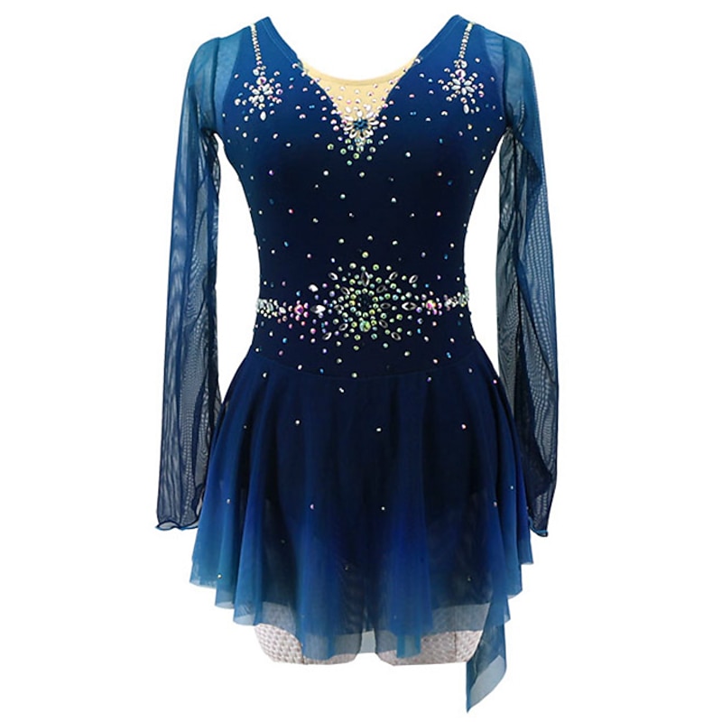 Figure Skating Dress Women's Girls' Ice Skating Dress Dark Green Asymmetric Hem Mesh Spandex High Elasticity Training Practice Competition Skating Wear Handmade Crystal / Rhinestone Long Sleeve Ice