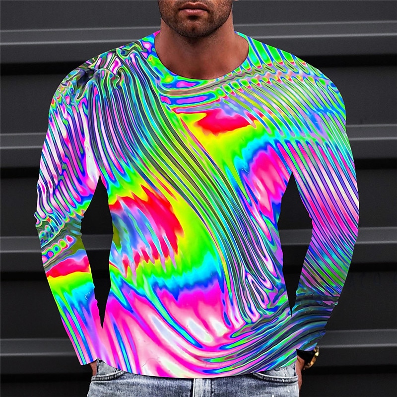 Men's Graphic Optical Illusion Metallic Shirt T Shirt Long Sleeve T shirt 3D Print Crew Neck Shirt Vintage Fashion Designer Outdoor Daily Sports Yellow Purple Green Spring &  Fall Clothing Apparel S2