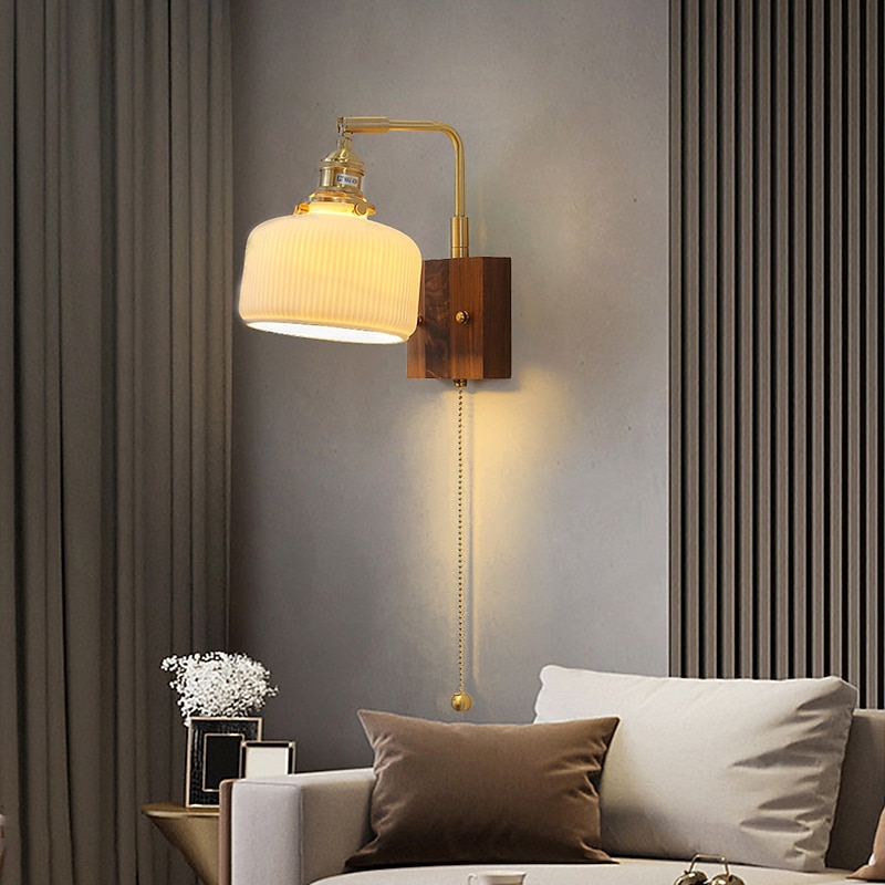 Lightinthebox Ceramic Wall Sconce Small Wall Lamp, Rustic Walnut Wood Wall Mount Light, Vintage Headboard Lamp, Indoor Lighting Fixture for Bedroom Living Room Dining Room Hallway 110-240V4