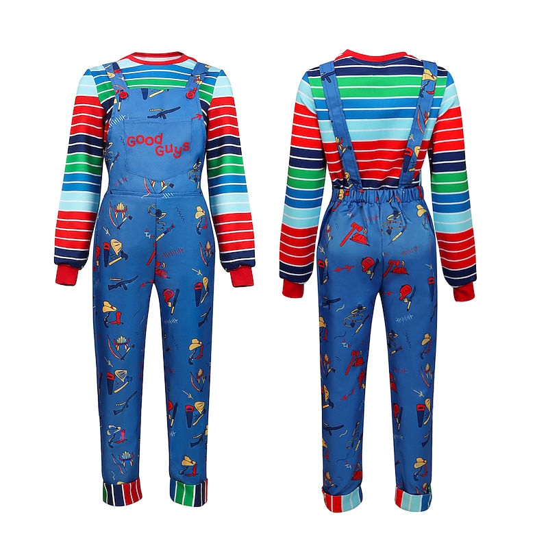 Set with Chucky Costume Jumpsuit Round Neck Sweatshirt Orange Wig 3 PCS Movie TV Theme Chucky Cosplay Costume Outfits for Adults Kids Unisex Men Women Boys Girls Scary Dolls Cosplay Costume2