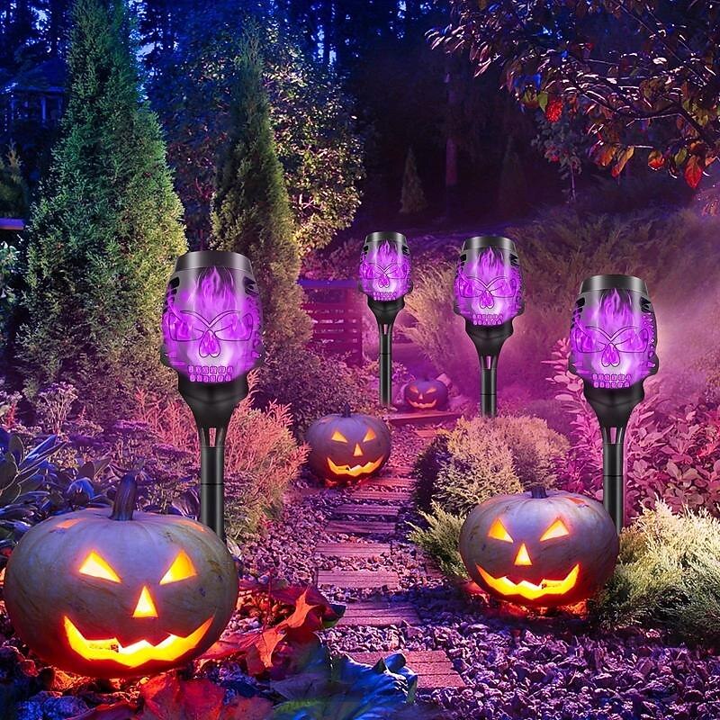 4 Packs Solar Halloween Outdoor Garden Light Outdoor Waterproof Torch Light Garden Decoration Spooky Glow Planting Grass Flame Light4