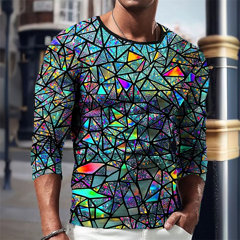 Men's Graphic Geometric T Shirt Long Sleeve T shirt 3D Print Crew Neck Shirt Vintage Fashion Designer Outdoor Daily Sports Royal Blue Blue Green Spring &  Fall Clothing Apparel S M L XL 2XL 3XL2
