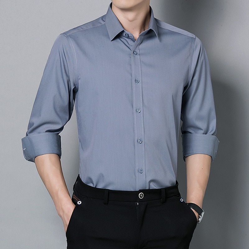 Men's Work Shirt Non Iron Shirt Solid / Plain Color Wedding Office & Career Light Blue Black White Dark Navy Long Sleeve Turndown All Seasons Clothing Apparel