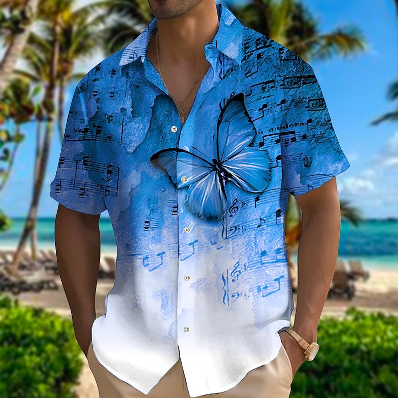 Men's Boardmasters Butterfly Music Shirt Summer Hawaiian Shirt Button Up Shirt Short Sleeves Fashion Designer Casual Outdoor Street Casual Summer Spring Turndown Print Yellow Blue2