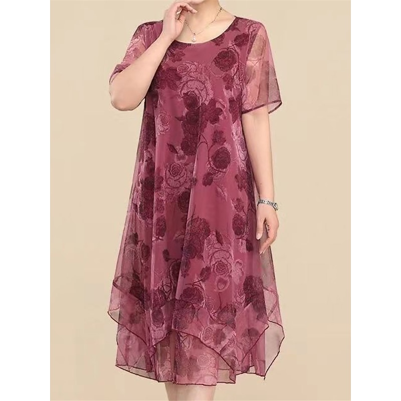 Women's Plus Size Party Dress Cocktail Dress Wedding Guest Dress Chiffon Mesh Layered Crew Neck Short Sleeve Floral Midi Dress Wedding Guest Cocktail Party Wine Blue Summer Spring2