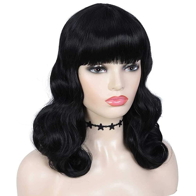 Vintage Wigs for Women Short Black Wig with Bangs Shoulder Length Heat Resistant Short Curly Wigs for Cosplay & Daily Use Halloween Wigs3