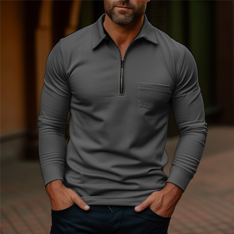 Men's Polo Shirt Quarter Zip Polo Work Daily Wear Lapel Long Sleeve Fashion Comfortable Plain Pocket Zip Up Summer Spring Regular Fit Yellow Navy Blue Dark Grey Army Green Polo Shirt2