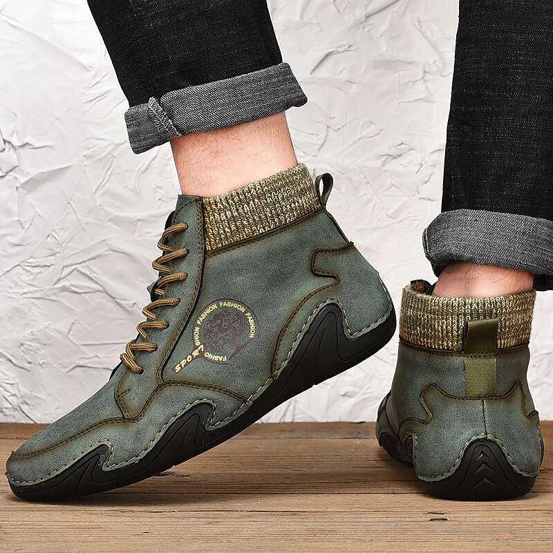 Men's Vintage Green Lace-Up Ankle Boots – Faux Leather Design with Knit Collar and Durable Rubber Sole for Casual Outdoor Style4