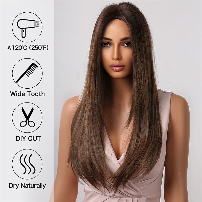 Brown Wigs for Women Long Straight Layered Synthetic Wig Natural Hair Middle Part2