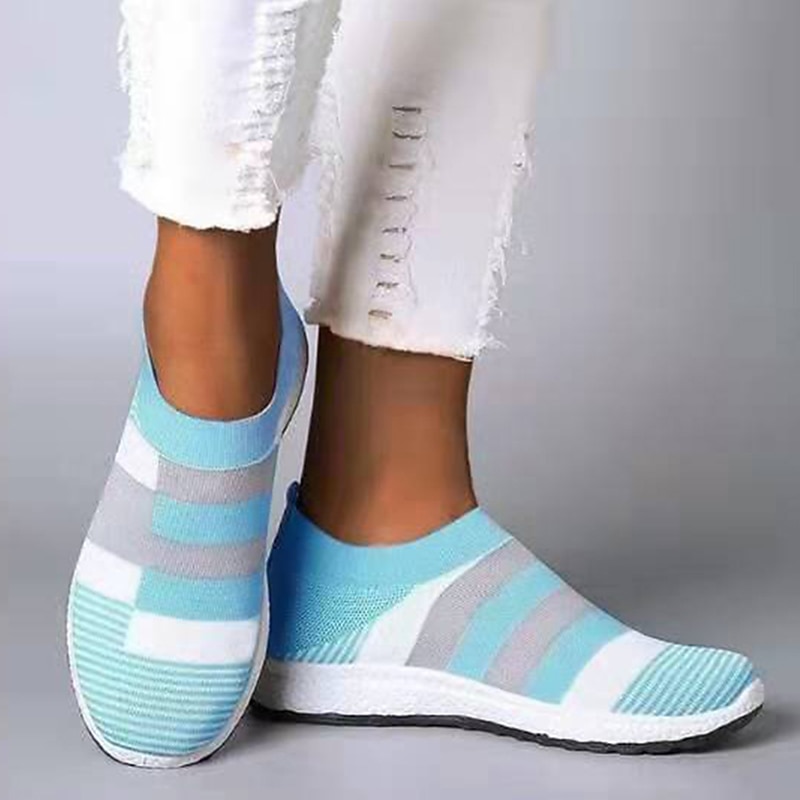 Women's Casual Slip-On Breathable Pink and Gray Striped Sneakers - Comfortable Walking Shoes4